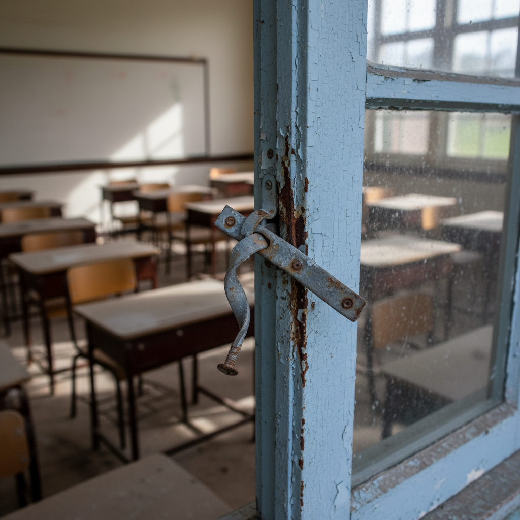 Rusted and broken window latch in a school classroom with peeling paint