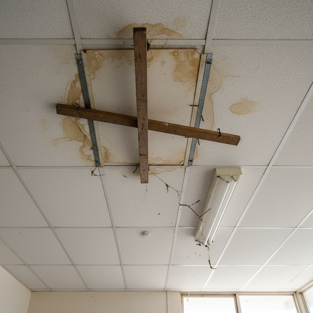 Sagging school ceiling held up by wooden battens, with water damage stains