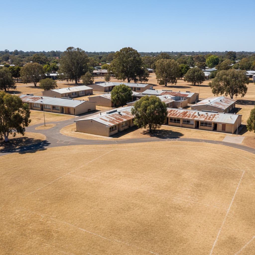 Aerial view of a weathered Australian school campus with rusted roofing and dry grass oval
